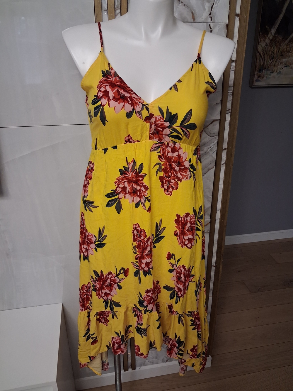 Sunny Yellow Floral Midi Dress with Spaghetti Straps